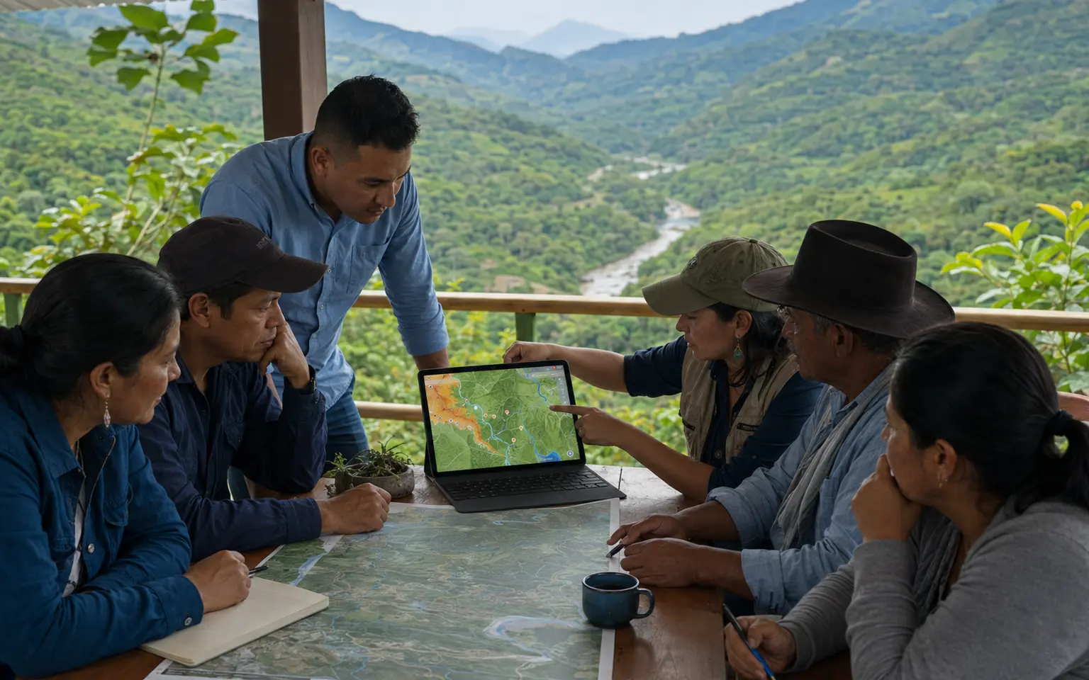 Equipo técnico y comunitario analizando información geoespacial de una cuenca